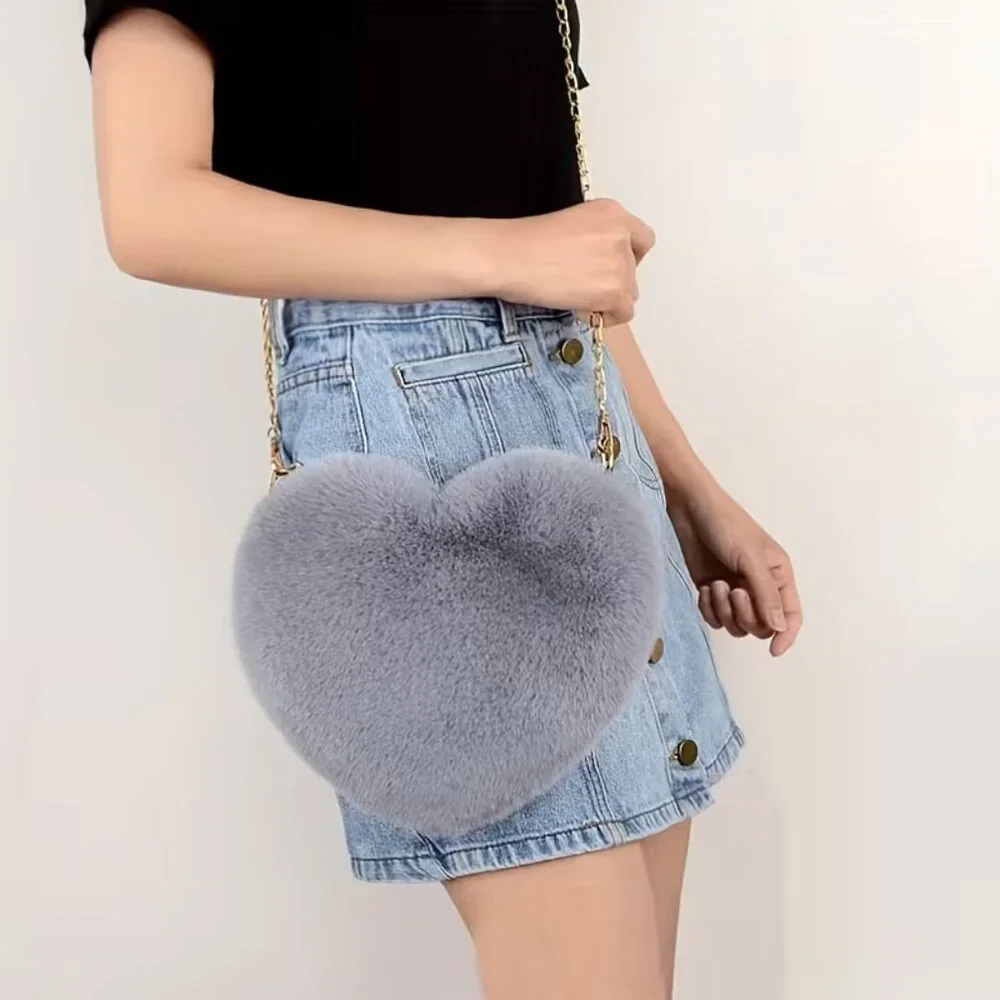 Heart-Shaped Faux Fur (Light Gray) Crossbody Shoulder Bag Purse (NEW & SO CUTE!) - Picture 7 of 9